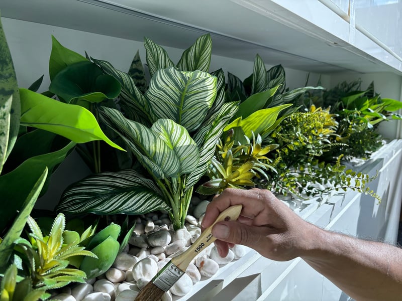 Grooming a mixed-foliage planter box with a brush