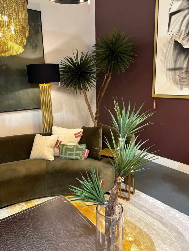 Sculptural yucca pair styled in a showroom lounge vignette