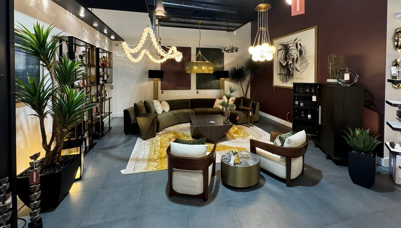 A styled lounge vignette with a sculptural floor planter